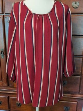 Women's Burgundy Striped Long-Sleeve Blouse